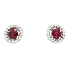 Ruby and Diamond Halo Stud Earrings in 18K White Gold