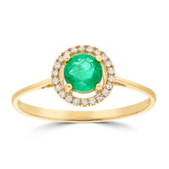 LALI JEWELS Emerald and Diamond Halo Ring in 14K Yellow Gold
