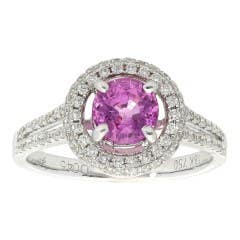 Pink Sapphire and Diamond Halo Ring in 18K White Gold