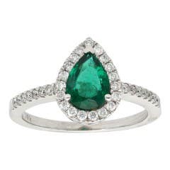 Pear Emerald and Diamond Halo Ring in 14K White Gold