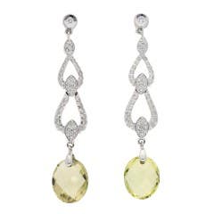 Diamond and Lemon Quartz Dangle Earrings in 18K White Gold 
