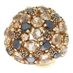 Smoky Quartz and Onyx Cluster Ring in 18K Yellow Gold