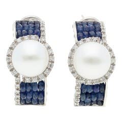 Pearl, Sapphire and Diamond Huggie Hoop Earrings in 18K White Gold
