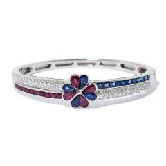 RCM Ruby, Sapphire and Diamond Four Leaf Clover Bangle Bracelet in 18K
