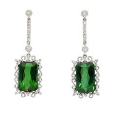 Green Tourmaline and Diamond Drop Earrings in 18K White Gold