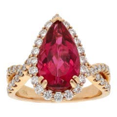 Pear-Cut Rubellite Tourmaline and Diamond Halo Ring in 18K Rose Gold