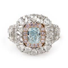 1.20 ct Green-blue SI1 Fancy Intense Diamond, 2.70 ctw Diamond & .23 ctw Pink Diamond 18K Gold Ring 