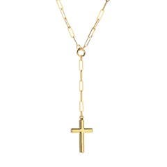  Paperclip Lariat With Cross Drop Necklace in 14K